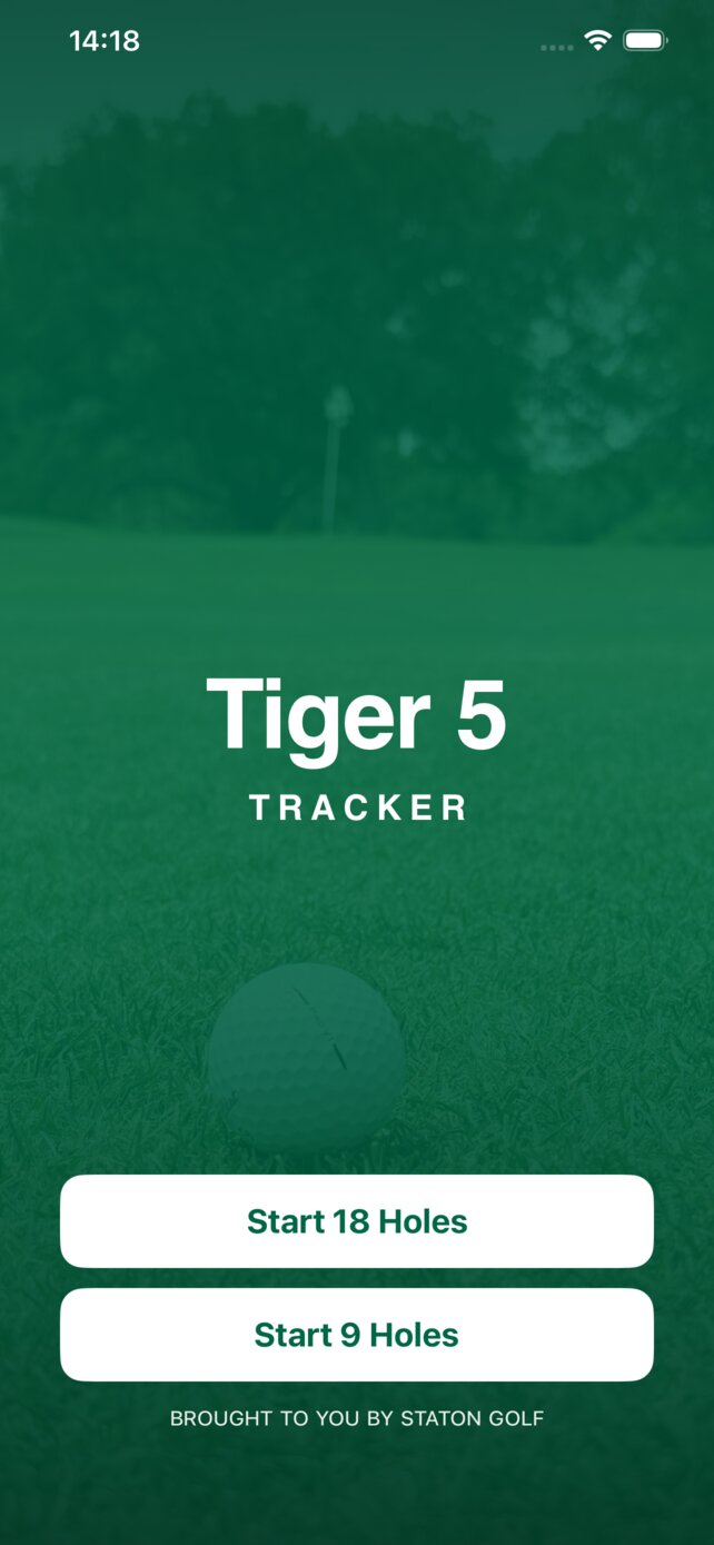 The Tiger 5 Tracker splash screen: a ball on the green under a green wash